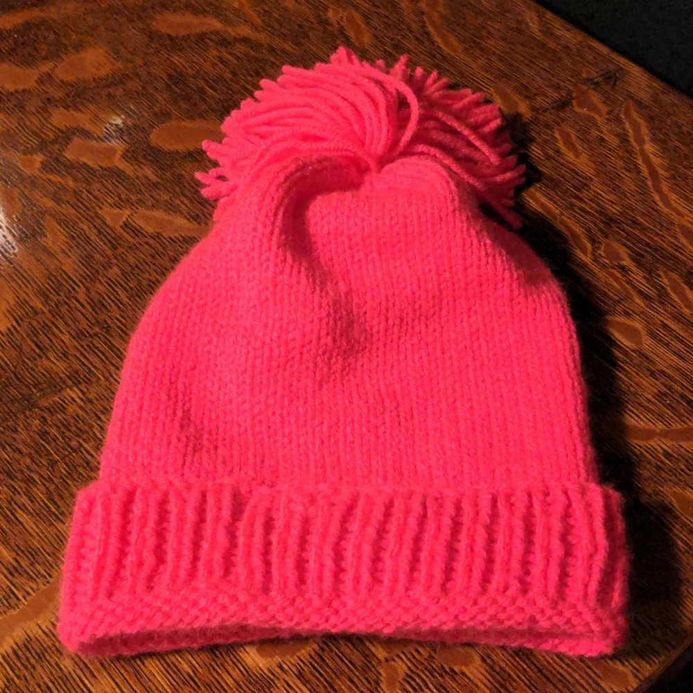 Hand Knit Neon Pink Beanie Hat With Floppy Pom-pom OSFM